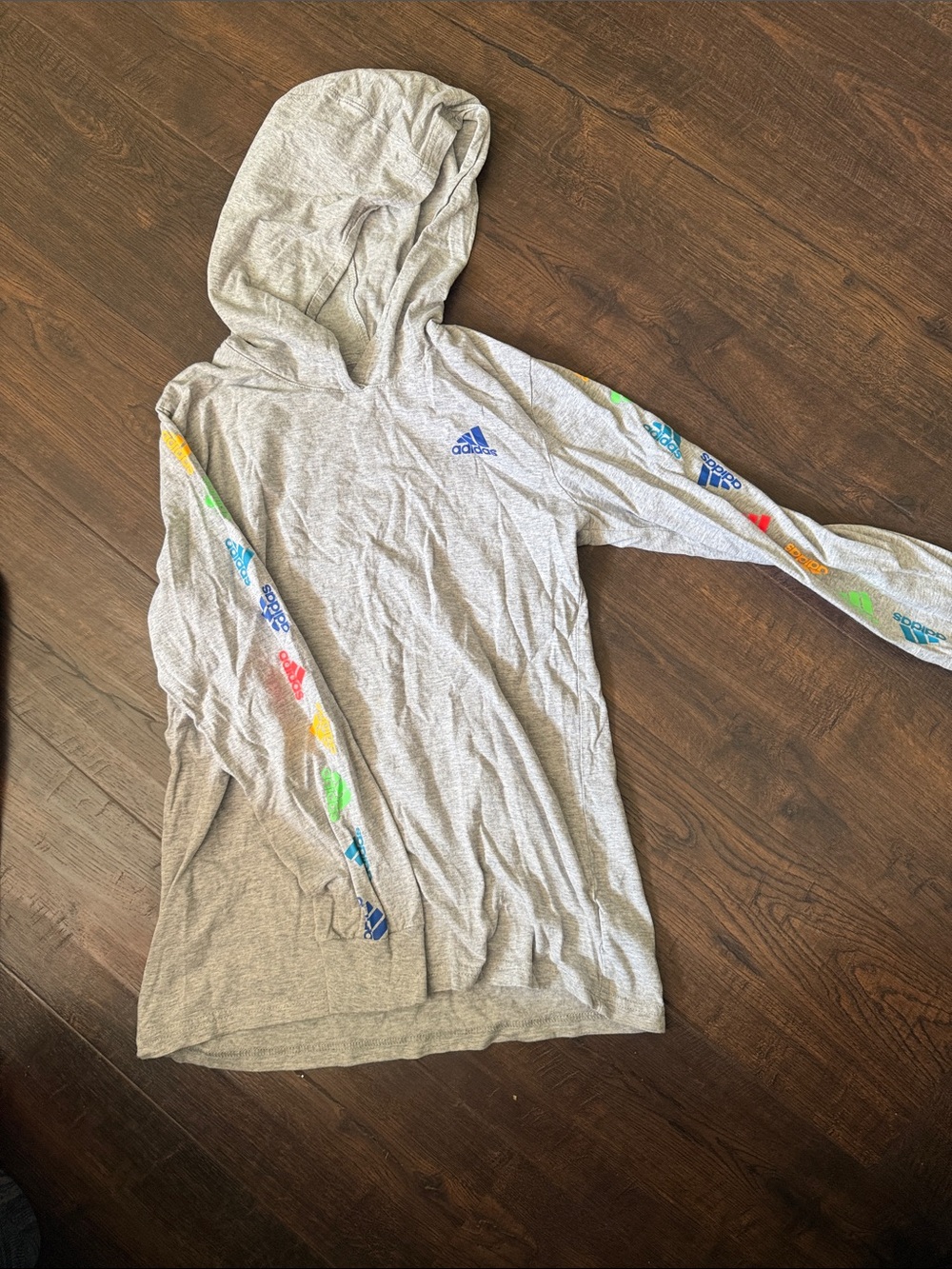 adidas Kids Light Gray Hoodie with Multicolor Logo Stripes